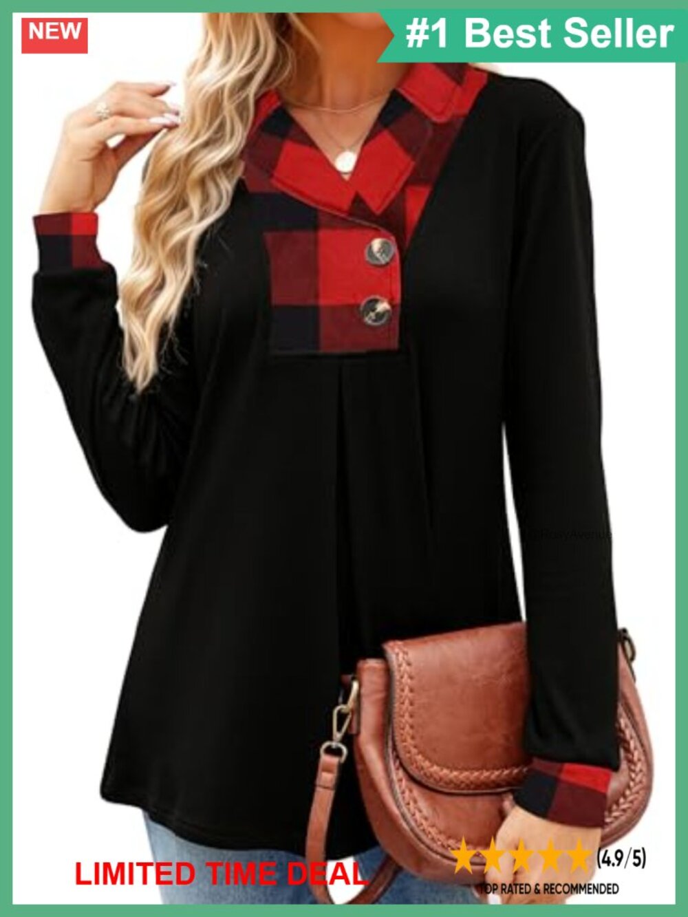 Womens Long Sleeve Tunic Top Button Notch Collar Sweatshirt Pullover for